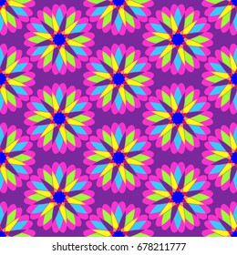 Wonderful seamless pattern with abstract flowers. Items are located geometrically. Background is purple