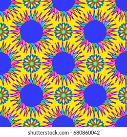Wonderful seamless pattern with abstract flowers. Items are located geometrically. Background is yellow 