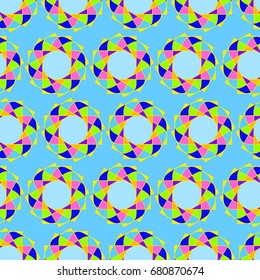 Wonderful seamless pattern with abstract flowers. Items are located geometrically. Background is azure