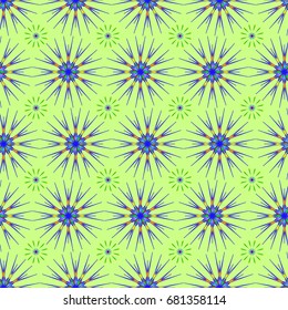 Wonderful seamless pattern with abstract flowers. Items are located geometrically. Background is green