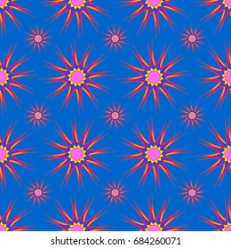 Wonderful seamless pattern with abstract flowers. Items are located geometrically. Background is blue