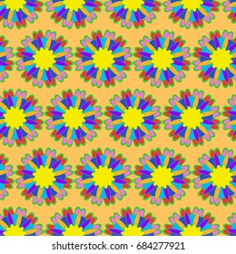 Wonderful seamless pattern with abstract flowers. Items are located geometrically. Background is orange