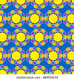 Wonderful seamless pattern with abstract flowers. Items are located geometrically. Background is blue