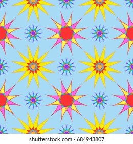 Wonderful seamless pattern with abstract flowers. Items are located geometrically. Background is azure