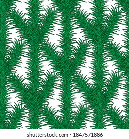 Wonderful seamless pattern with green spruce branches on a white background. Winter festive ornament in flat style. Cartoon items of New Year and Christmas decoration.
Stock vector illustration
