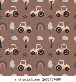 Wonderful seamless pattern for kids, boys with tractors in brown tones. Vector