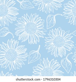 Wonderful seamless pattern. The ornament is drawn by hand. Contour white sunflowers on a sky blue background.