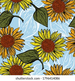 Wunderbares nahtloses Muster. Der Ornament wird von Hand gezeichnet. Helle Sonnenblumen auf hellblauem Hintergrund. Kann für den Druck auf Textilien, Papier usw. verwendet werden.