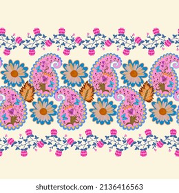 Wonderful seamless pattern of paisley, daisies, decorative leaves and garlands of small clover flowers in vector. Natural print for fabric. Indian, Persian, Damascus motifs. Horizontal border.