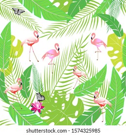 Wonderful seamless pattern of pink flamingos among tropical leaves on a white background. This pattern can be used for fabrics, for t-shirts, wallpapers.