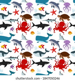 Wonderful seamless pattern with sea fish on a white background. Sea animals in a flat style. Cartoon wildlife for web pages.
Stock vector illustration for decor, design, textiles,
wallpaper