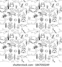 Wonderful seamless pattern with sea fish and seaweed in outline on a white background. Sea animals in a flat style. Cartoon wildlife for web pages.
Stock vector illustration for decor, design, textile