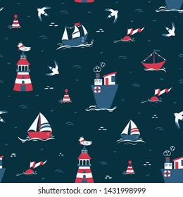 Wonderful seamless pattern wit cartoon boats. Marine dark background. Vector print