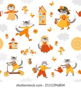 Wonderful seamless print for baby fabric, wallpaper. Cute cartoon cats and kittens with scooter, watering can, houses, birds, clouds, sun, flowers isolated on white background. Chinese New Year 2023.