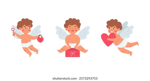 Wonderful set of charming cupids in different poses perfect for Valentine's Day.