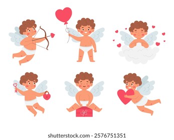 Wonderful set of charming cupids in different poses perfect for Valentine's Day.