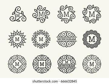 Wonderful set, style art nouveau. Round Elegant Line Art Logo, Emdlem and Monogram Design, vector template