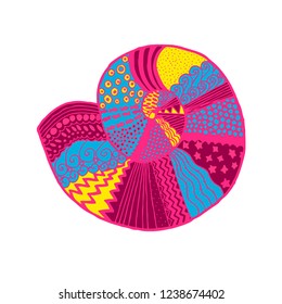 Wonderful shell. Multicolored shall in zentangle style. Pattern for adult coloring book. Hand drawn vector sketch at white background. Illustration for kids.