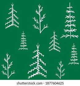 Wonderful simple christmas pattern with cute different christmas trees on a green background
