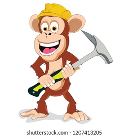 Wonderful smart Monkey standing with a roofing hammer in hand joyful happy smiling construction hat on head