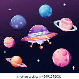 wonderful space with planets, stars and flying saucer, UFO.