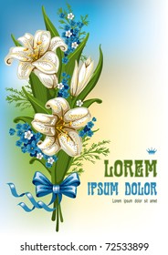Wonderful spring bouquet with lilies and forget-me, vector illustration
