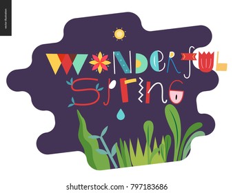 Wonderful spring lettering and elements - illustration with vegetable elements