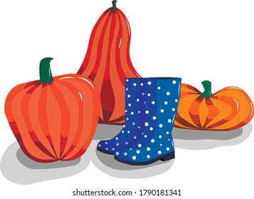 Wonderful still life with pumpkins and boots. It is bright and festive.