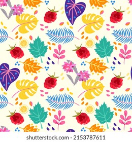 Wonderful summer floral ornament with blooming cacti, raspberries, palms and begonia leaves on a white background in ivory tone in vector. Joyful seamless print for fabric.