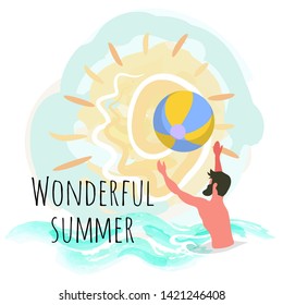 Wonderful summer, man playing ball in water, tossing and catching it, isolated vector label. Activity funny summertime. Side view of male with beard, splashing or training in pool