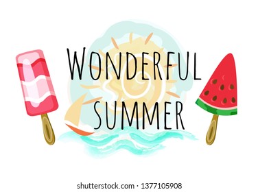 Wonderful summer poster with two ice cream and sun, sea , sailing ship silhouettes on watercolor background. Vector piece of watermelon and striped dessert