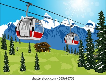 wonderful summer scenery with ski lift cable booth or car