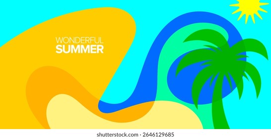 Maravilhosa viagem de verão. Plano de fundo, layout, banner, cartaz, design de modelo, cartão de saudação.