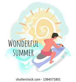 Wonderful summer vector, man on water motor flat style. Person having good summertime vacation, man on jet ski riding extreme sports and hobby, practice