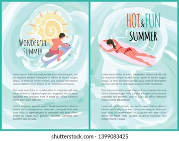 Wonderful summer vector, man riding jet ski male on water bike, hot and fun summertime. Woman laying on wooden surfing board, surfboarder lady set
