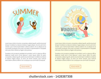 Wonderful summer vector, outdoor relaxation by seaside, man and woman playing waterpolo, inflatable ball games. Sunshine and fine weather website. Summertime activity