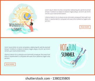 Wonderful summer vector, people on vacation summertime man. Resort activities, waterpolo sport, game with ball, scuba diving on vacation website set