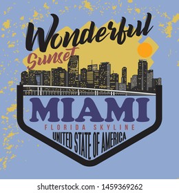 Wonderful Sunset Miami Florida Skyline United State of America Slogan. good for T shirt Graphic. Illustration Vector.