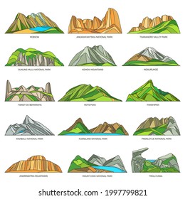 Wonderful tourist sightseeing of mountains and rocks, valleys. Linear icons of world natural landmarks. Vector landscapes set. Kinabalu, Fjordland, Prokletije, Mount Cook national parks.