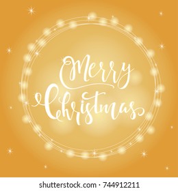 Wonderful and unique festive golden luminous background with Christmas wishes for holiday greeting cards. Hand drawn lettering with blurred bokeh. New Year design elements.