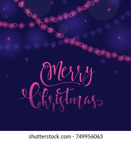 Wonderful and unique festive purple luminous background with Christmas wishes for holiday greeting cards. Hand drawn lettering with blurred bokeh. New Year design elements.
