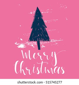 Wonderful, unique handwritten Christmas wish, holiday greeting card. Illustration of a tree with snow and lettering. Great design element for congratulation, banner or flyer.