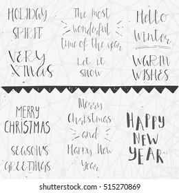 Wonderful and unique handwritten Christmas wishes for holiday greeting cards. Hand drawn lettering. Modern New Year design elements.