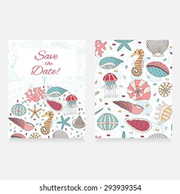 Wonderful vector card of seashells, starfish and seahorses  painted by hand. To use postcards, greetings, prints on textiles and other creative products.