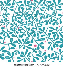 wonderful Vector ceramic style decorative vintage seamless pattern with white background, blue flowers, leafs, pink dots and texture for textile, gift packaging paper, Pottery works and other prints. 