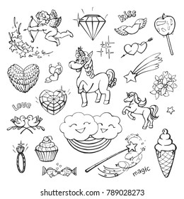 Wonderful vector collection of unicorns, magic and other cute hand drawings on a white background