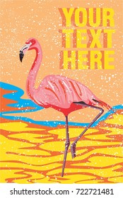 wonderful vector flamingo poster, with water and snow. free text frame. sunset landscape. for textile and other prints.