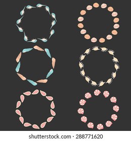 Wonderful vector frame of seashells. Set painted by hand. To use postcards, greetings, and other creative products.