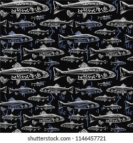 wonderful vector  graphic seamless pattern with stylized color fish Trout with dots.  great for wallpaper, textile, fabric, packaging paper, Bandanna, wrapping     diary cover and other prints