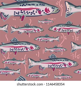 wonderful vector  graphic seamless pattern with stylized color fish Trout with dots.  great for wallpaper, textile, fabric, packaging paper, Bandanna, wrapping     diary cover and other prints